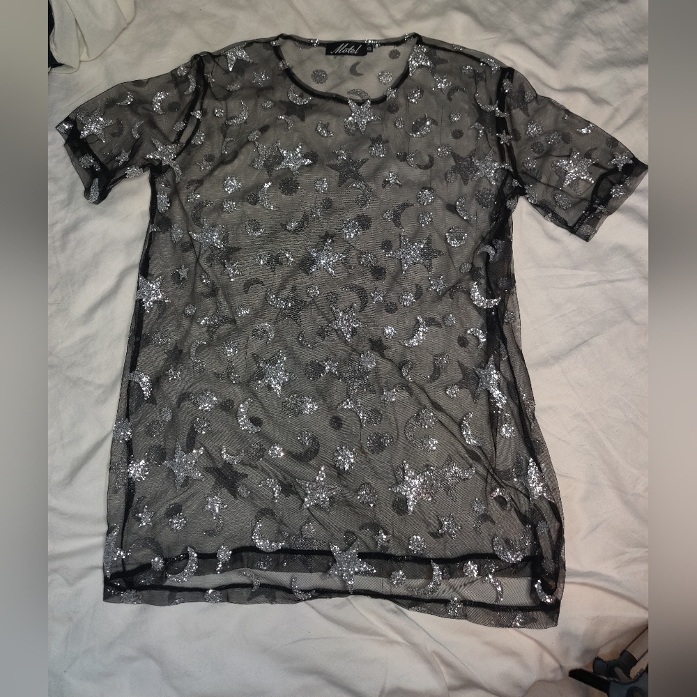 Motel Rocks Black and Silver Sheer Short Sleeve Tee XS